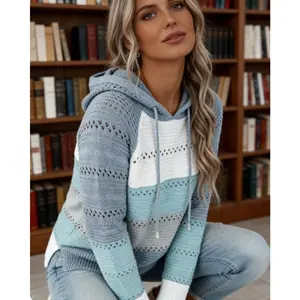 New Women's Plus Size Blue & White Color-Blocked Hoodie Cozy Striped Pullover Sweatshirt with Drawstring Hood Long Sleeve Casual Fall Winter Sweater Machine Washable Durable Knitwear long sleeve tops women clothes for women vintage sweatshirts jacket