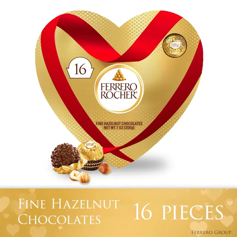 FERRERO ROCHER Fine Hazelnut Chocolates, Valentine’s Day Heart Gift Box, 16 Count, 200g Premium Chocolate candy gormet Creamy Dessert Snack Bonbon