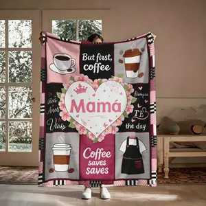 Mama Coffee Lover Flannel Throw Blanket, Soft Cozy But First Coffee Patchwork Blanket, Warm Mother's Day Gift for Mom, Lightweight Breathable