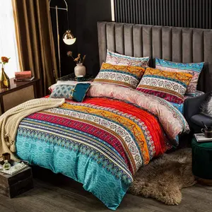 Full Colorful Floral Boho Striped Bedding Set Ultra Soft Microfiber Reversible Duvet Cover Southwestern Indian Tribal Exotic Style Decor Comforter Cover