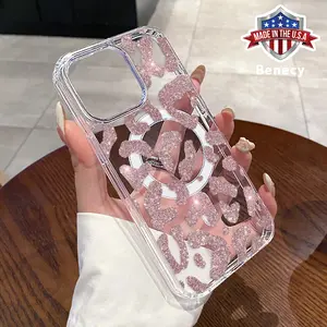 Shimmering Leopard Pattern Magnetic Phone Case for iPhone 15 16 14 Pro Max 13 12 11 XR XS Plus E Non-Yellowing Clear Crystal Drop-proof Slim Silicone Shockproof Transparent Acrylic Large Hole Cover Supports Wireless Charging