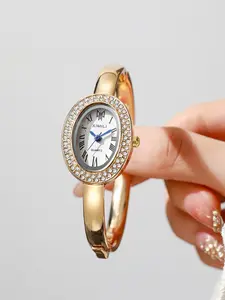 Elegant Oval Diamond-Embedded Bangle Watch for Women, Unique Design, Versatile Daily Commuter Watch, Luxury Style, Single Piece