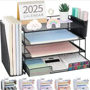 OPNICE Desk Organizer, 4-Tier Desktop File Organizer with Drawer and 2 Pen Holders, Office Desk Accessories, File Sorters, Workspace Organizers for Office Supplies(Black)