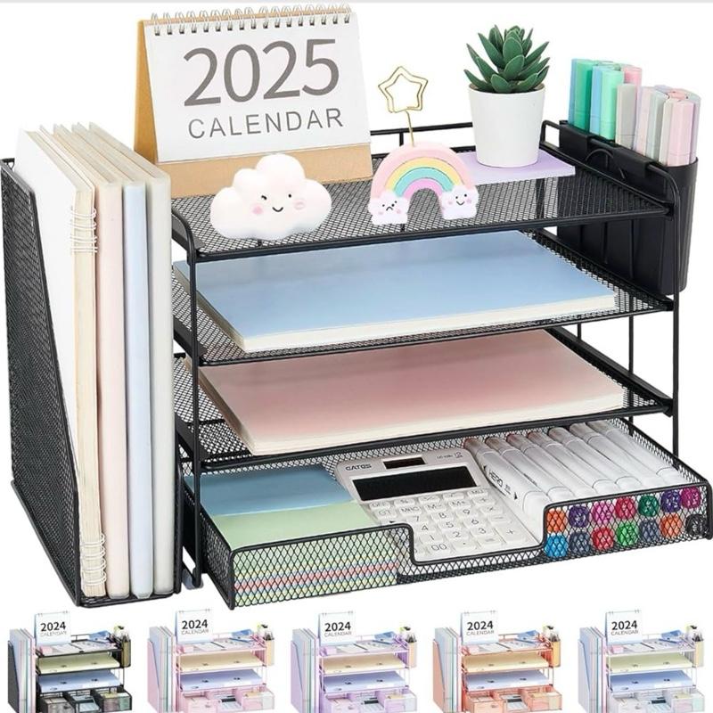 OPNICE Desk Organizer, 4-Tier Desktop File Organizer with Drawer and 2 Pen Holders, Office Desk Accessories, File Sorters, Workspace Organizers for Office Supplies(Black)