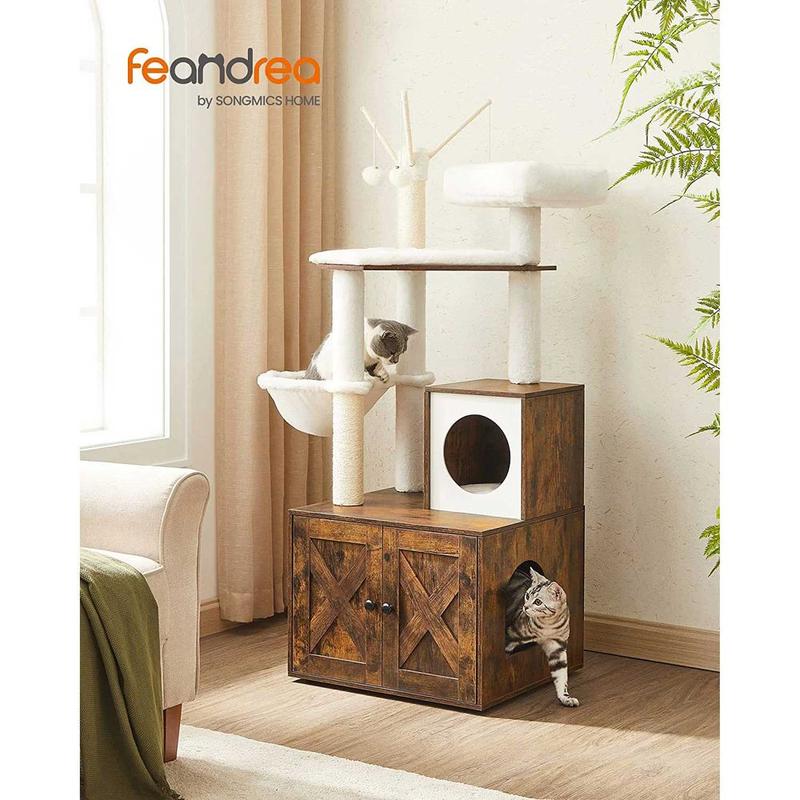 Feandrea Cat Tree with Litter Box Enclosure, 2-in-1 Modern Cat Tower, 55.1-Inch Cat Condo with Scratching Posts, Removable Pompom Sticks