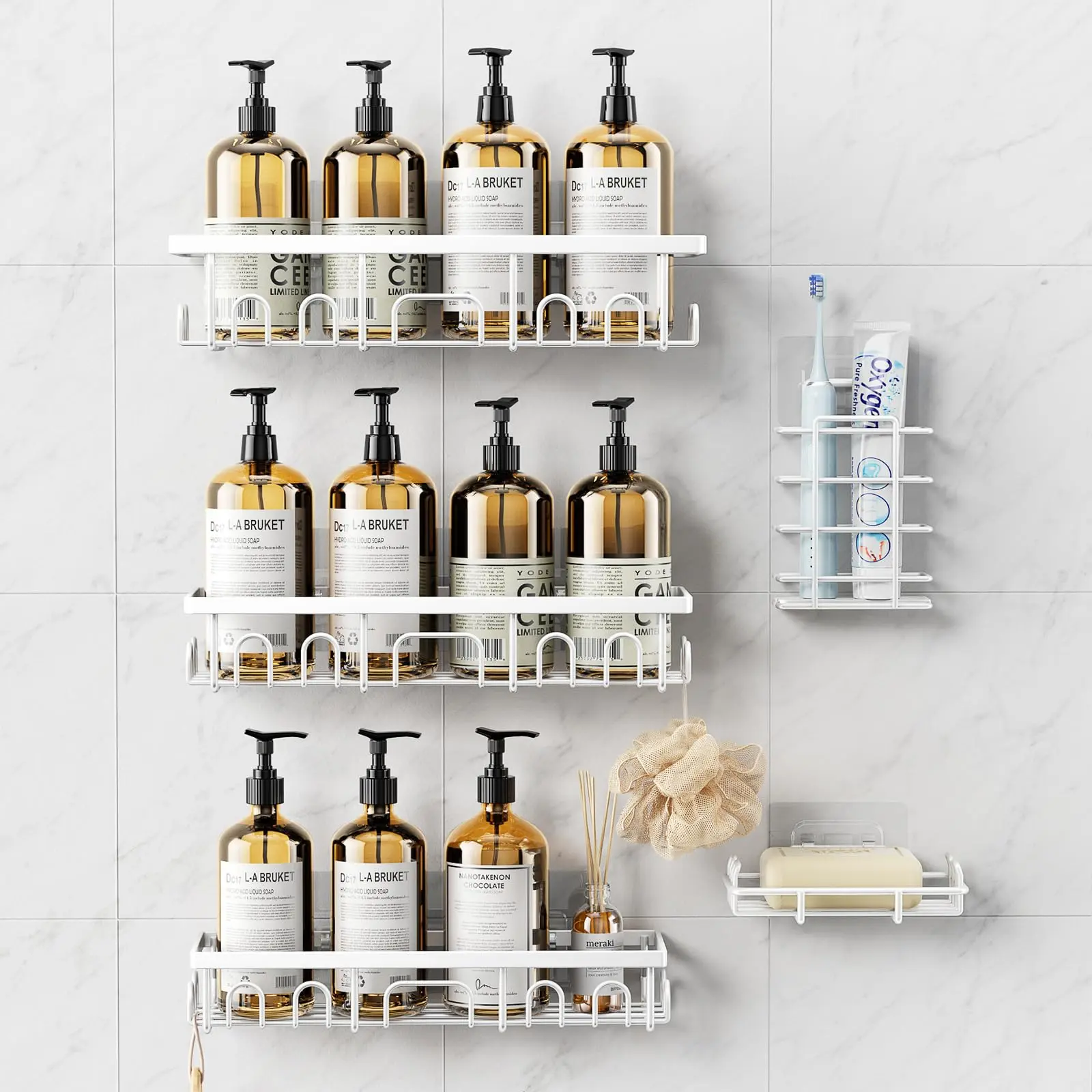 Benazcap Shower Caddy 3/5 Pack Stainless Steel Rustproof Adhesive Organizer with Soap & Toothbrush Holder No Drilling for Bathroom Kitchen Home Bathroom Gadgets Bathroom Organizer Accessories