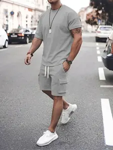 Men's Casual Two-Piece Set, Round Neck T-Shirt with Cargo Shorts, Summer Fashion, Street Style, Daily Wear, Outdoor Sports, Travel Vacation