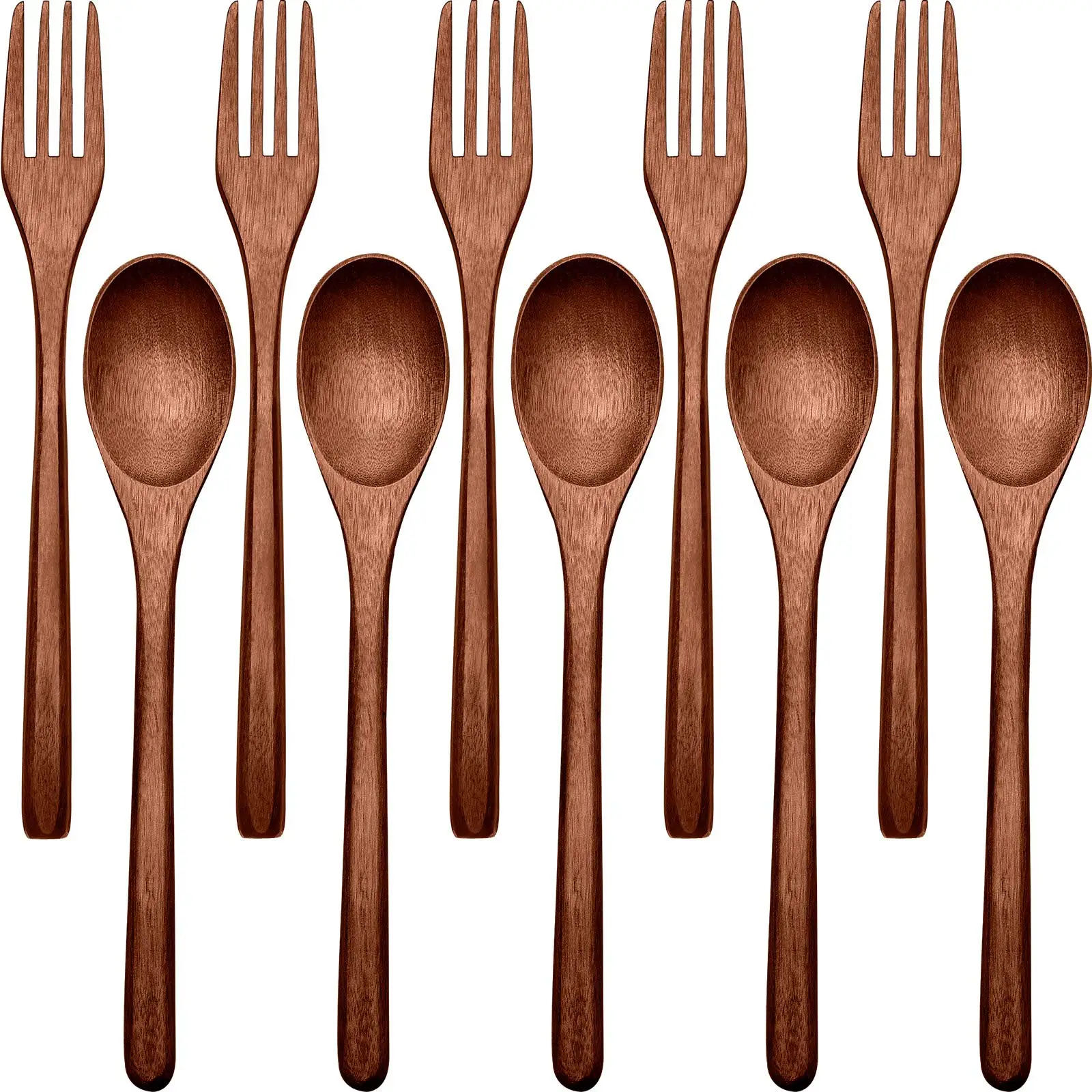 10Pcs Wooden Spoons Forks Set Wood Dinner Utensil Set,Reusable Flatware Tableware Set,Handmade Natural Cutlery Set,Includes Wood Spoon Fork for Cookin