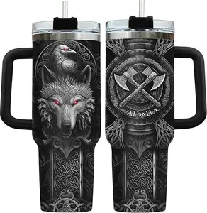 40oz Stainless Steel Insulation Valhalla Wolf Water Bottle & Drinkware Set, Norse Mythology Tumbler with Handle, Straw, Lid, Birthday/Father's Day Gift for Scandinavian Men