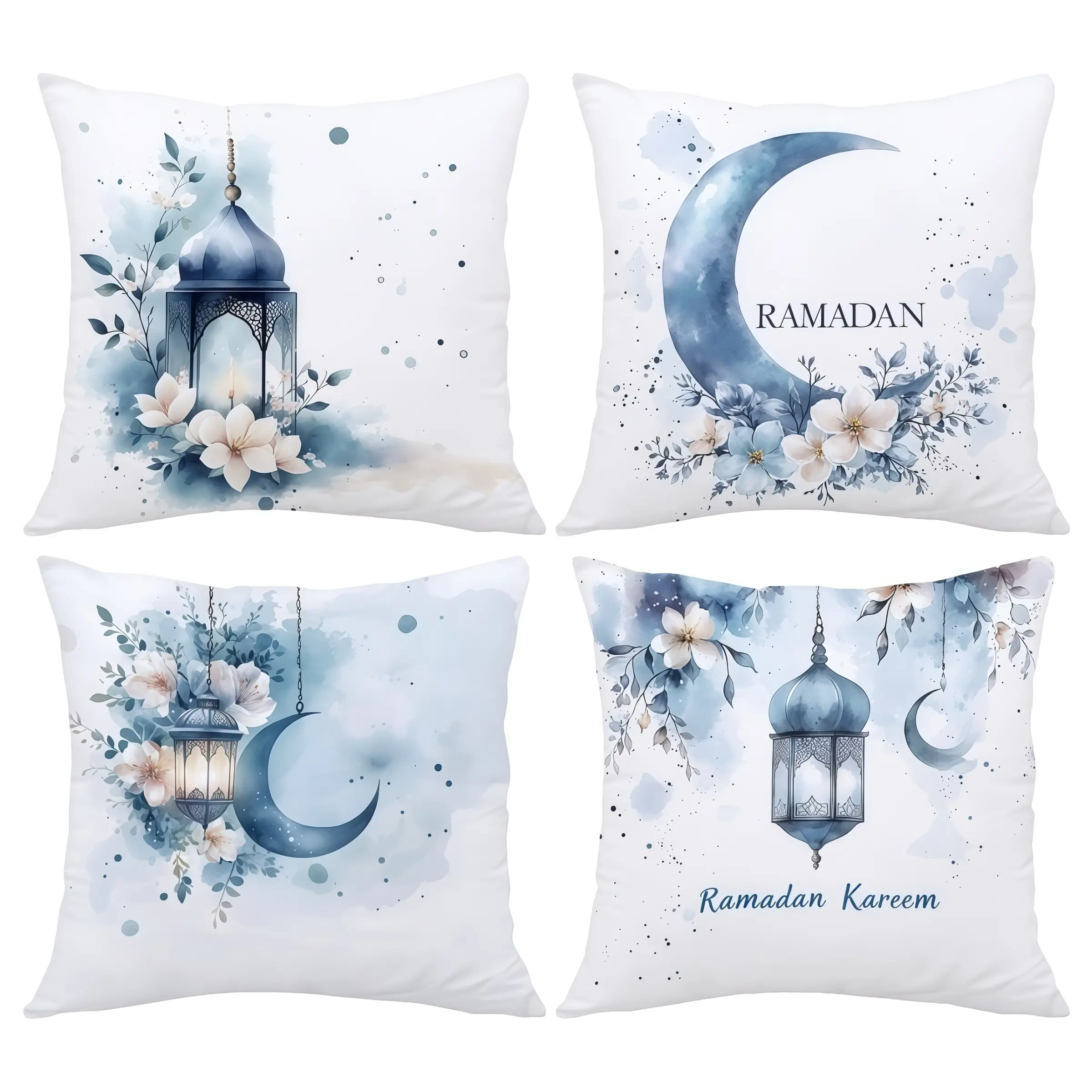 4pcs, Ramadan Themed Throw Pillow Covers, Fresh Blue Watercolor Moon and Hexagon Lantern Design, Home Décor Products, Cushion Cover for Couch Sofa, Room Decor and Bedroom Decor, Suitable for Spring Decoration, Single Sided Printing, No Pillow Core