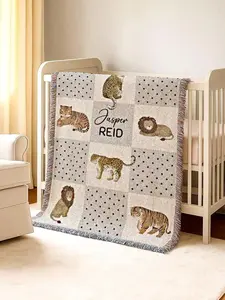 Safari Baby Blanket with Name Patchwork Woven Cotton or Fleece Blanket Big Cats Newborn Blanket Keepsake Heirloom Gift