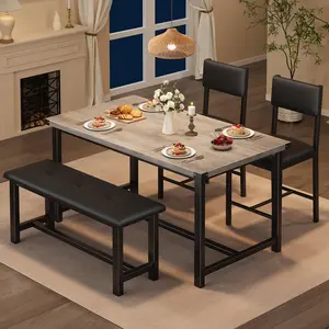 Dining Table Set for 4, Kitchen Table with 2 Upholstered Chairs and Bench, Wood Kitchen Dining Room Set, for Small Space, Apartment, Home, Kitchen, Retro Gray