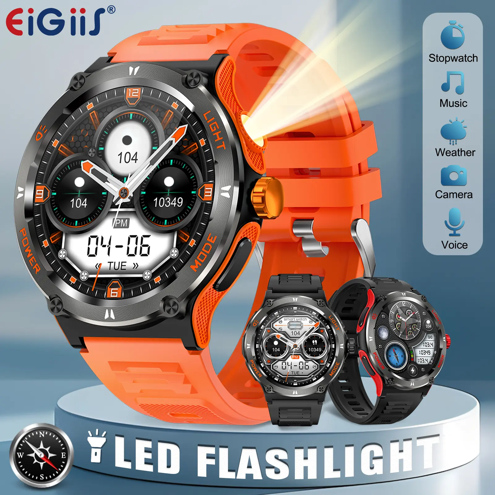 EIGIIS Metal-Body Wearable Smart Watch for Men - LED Light Flashlight, Compass, 3ATM Waterproof Outdoor Sport Watch, 500mAh Long Battery, Fast Charging, Touch Screen, Call/Music Functions, Fitness Tracker for iOS Android (Gift Option)