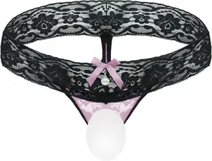 BLESO Men’s Sissy Mesh Sheer Thong Femboy Lace Panties Low Rise Sexy Lingerie with Pouch Clothes for Crossdresser Gay Men