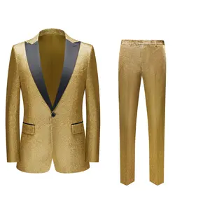 Mens Glitter powder 2 Piece Suits Gold Slim Fit Peaked Lapel One Button Tuxedo Dinner Jacket Trousers Set wedding suit prom suit party suits