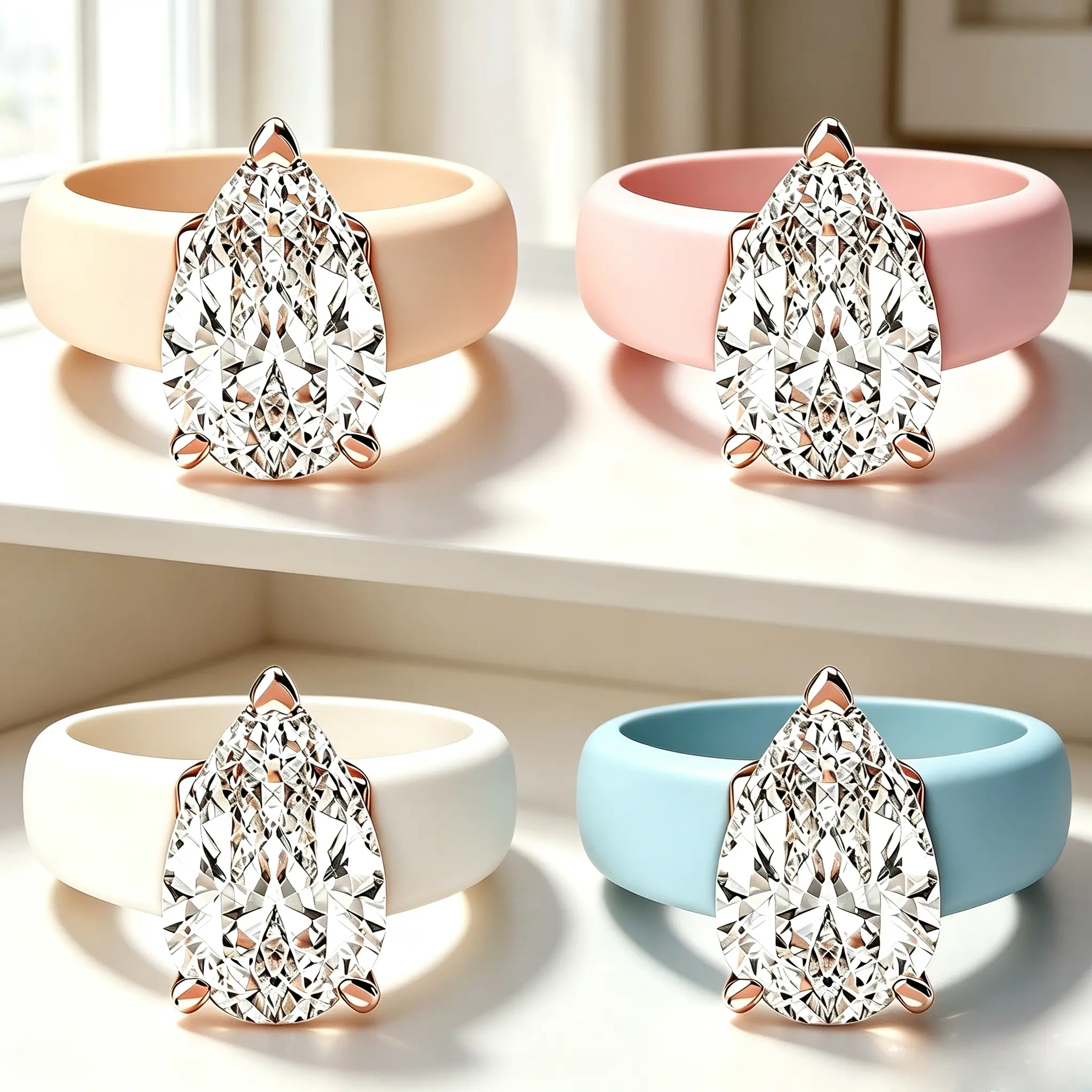 Women's Luxury Silicone Ring - Pear Cut CZ Stone, Rose Gold Prong Setting, Flexible Comfort Fit Band for Sports & Everyday Wear