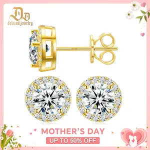 Delzzad 18k Gold-Plated Iced Out Halo Stud Earrings D Color VVS Synthetic Moissanite Stud Earrings Jewelry S925 Studs Perfect Birthday Mother’s Day Christmas Gift for Men Women Wedding Set
