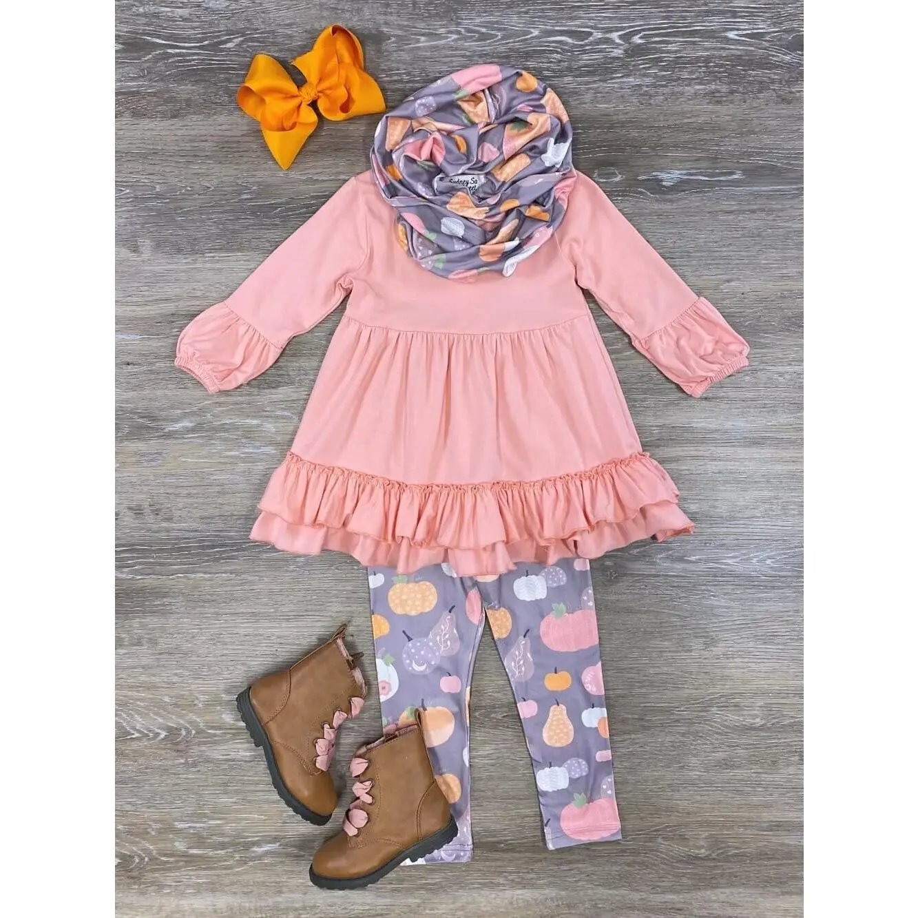Peachy Pink Pumpkin Girls or Toddler Fall Tunic Top, Leggings, and Scarf 3 Piece Set Outfit