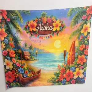 2D 1pc Aloha Hawaiian Beach Backdrop Banner, Tropical Flower Palm Tree Surfboard Photography Background, Ideal for Summer Pool Party, Luau Themed Event, Photo Booth Decor, Home Party Decorations, Multiple Sizes Available