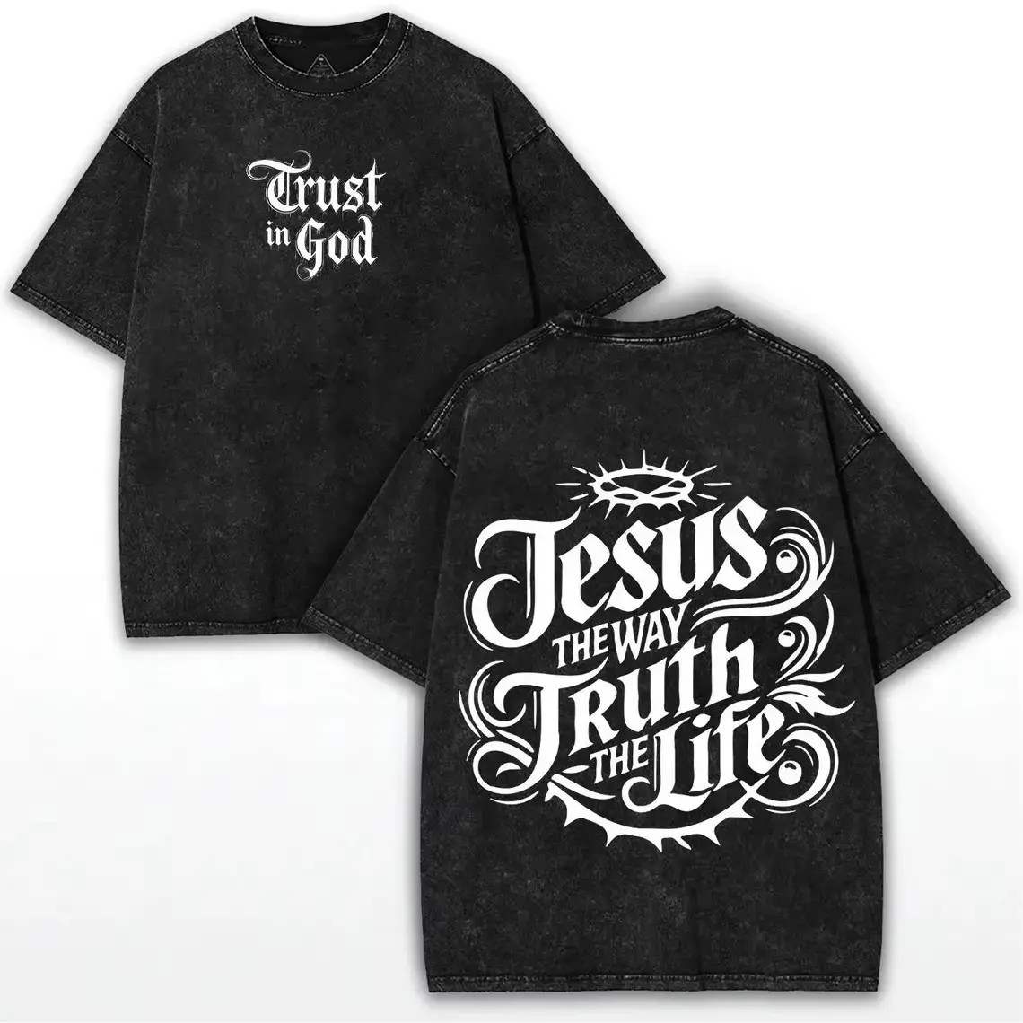 Vintage Acid Wash Jesus The Way Truth Life John 14 6 Christian Core Boxy Fit T Shirt Trust In God Crown Of Thorns Calligraphy Graphic Gospel Streetwear Washed Archive Faith Gym Pump Cover Heavyweight Top