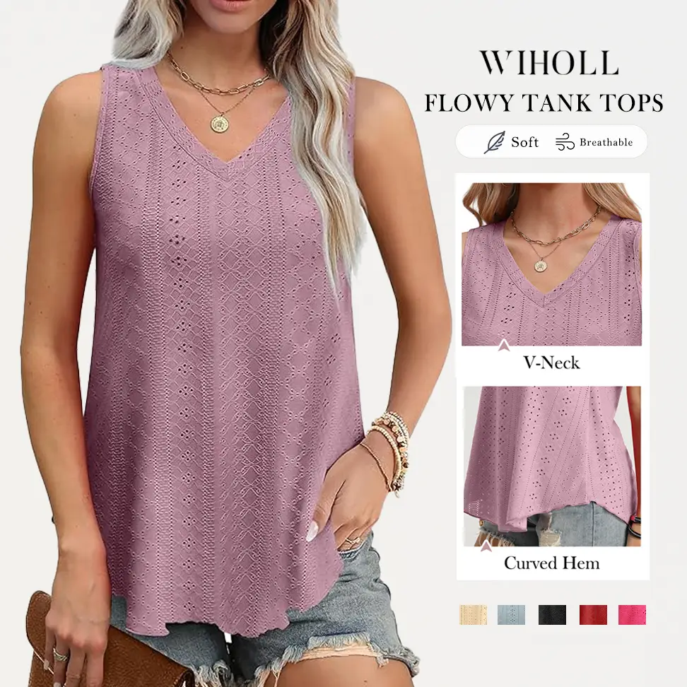 WIHOLL Womens Tank Tops Sleeveless Eyelet Embroidery Scoop Neck Loose Fit Casual Summer Flowy #Springtok Outdoorfun Floral