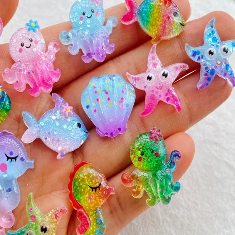 20pcs Nautical Resin Charms, Diy Beading Accessories, Diy Craft Embellishments, Multiple colors: pink, green - Bead Assortments for Diy Jewelry Making, Scrapbooking, and Crafting - Glittery Sea Creatures, Seahorse, Starfish, Shell, and More Underwater