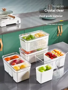 Produce Saver Containers for Refrigerator, Food Fruit Vegetables storage, 4 Pcs Stackable Freezer Fridge Organizer, Draining Crisper Portable Divided Fruit Storage Container Ginger Storage Basket Drain fresh-keeping box, separate storage box