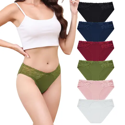 LEVAO Women's Cotton-Spandex Lace Cheeky Bikini Panties, Breathable Soft Underwear for Women, 6-Pack (Sizes S-XL), Underwear For Women Multi Pack Cotton