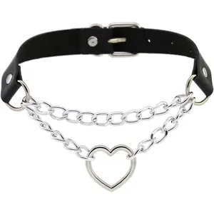 Leather choker collar necklace, heart shape gothic punk rock choker necklace