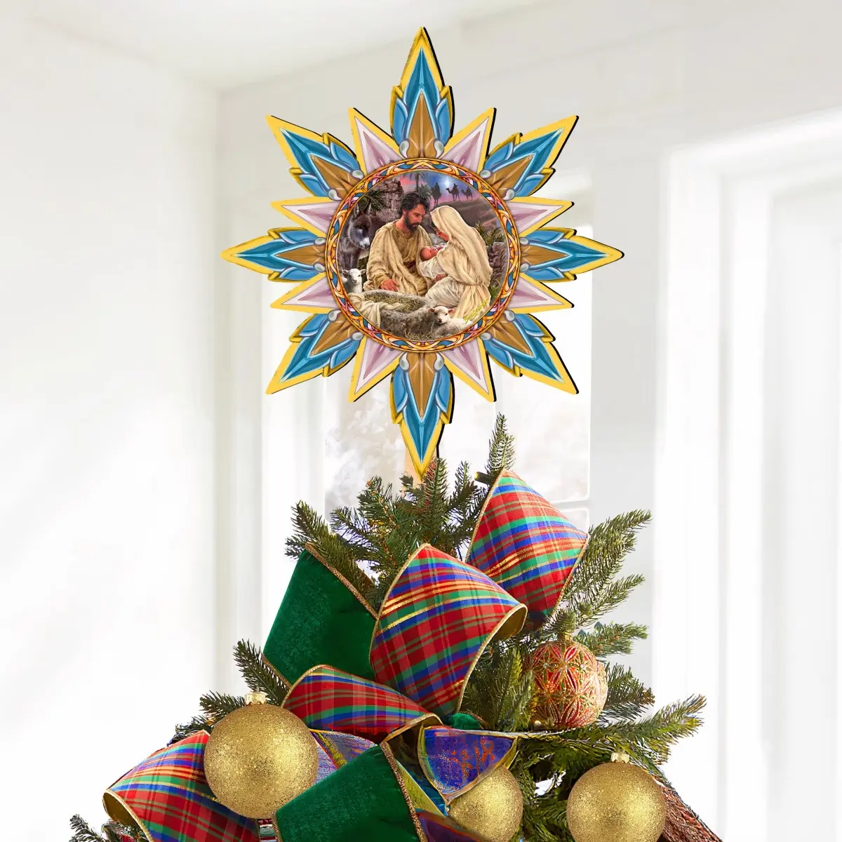 G. Debrekht 89502-DG Unisex Farmhouse Traditional Artistic Classic Nativity Star Tree Topper, Wooden Decor by D. Gelsinger, Festive Home Decoration