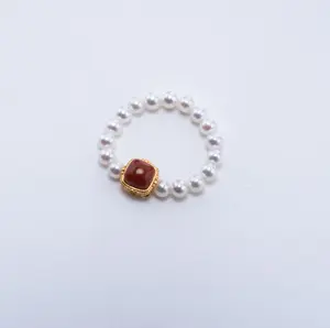 ANGEPERLE S925 Silver Ring with Freshwater Pearls, Gablilly Seed Beads, and Agate 3-4mm TSSLF241