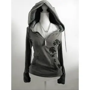 Women’s fall Y2K fleece hooded pocket hoodie with skull print
