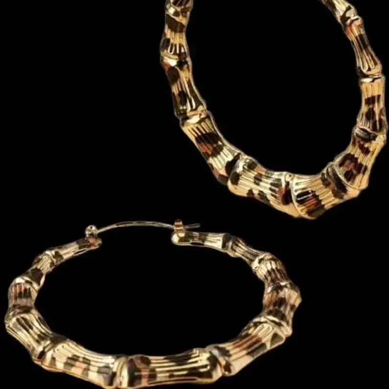 Fashionable Bamboo Joint Design Hoop Earrings with Leopard Print Fashion Jewelry Gold-Tone Style