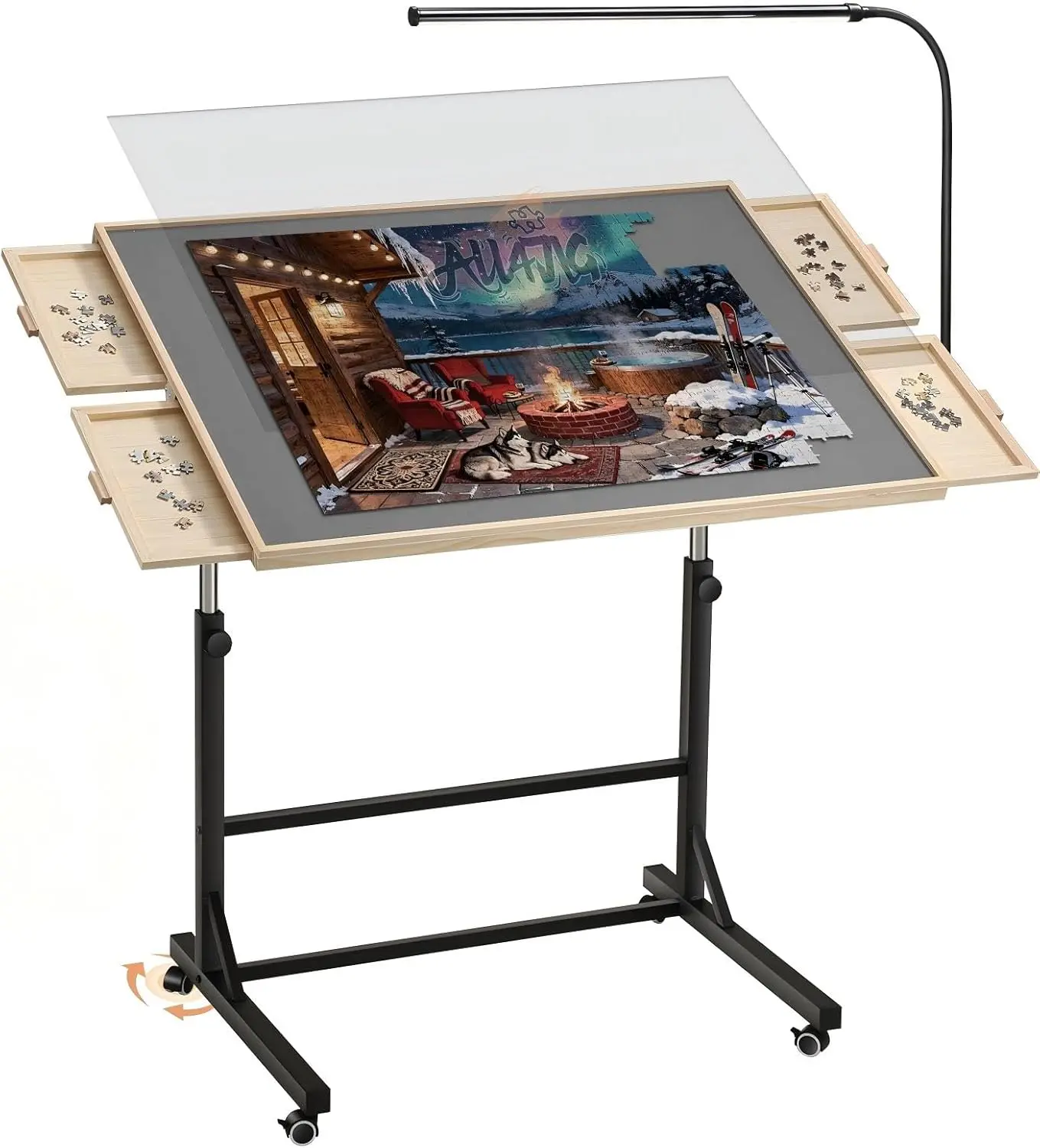 ALL4JIG 1500/2000  Pieces Rotating Puzzle Table with LED Light, 33.58"×24.92" Wooden Jigsaw Puzzle Board with 4 Drawers & Cover, Upgraded Stability, Swivel Rolling Wheels & Vertical Storage Option
