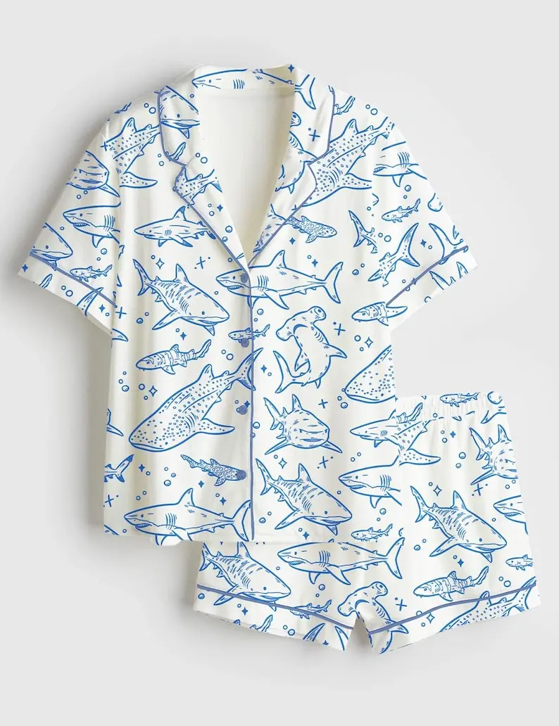 Women’s Shark Print Pajama Set Ocean Theme Short Sleeve Sleepwear Lounge Set