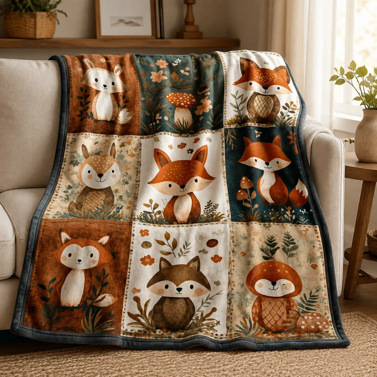 Vintage Patchwork Woodland Animal Fox Owl Deer Mushroom Soft Cozy Flannel Blanket, Neutral Forest Critter Warm Fuzzy Plush Throw, Perfect Baby Shower Gift for Nursery Cottagecore Kids Bedroom Sofa Home Decor