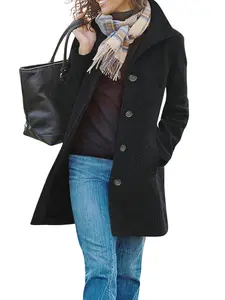 Ebossy Women's Classic Midi Pea Coat Windproof Wool Blend Stand Collar Single Breasted Fitted Winter Outerwear Jacket for Daily Wear & Outdoor Activities