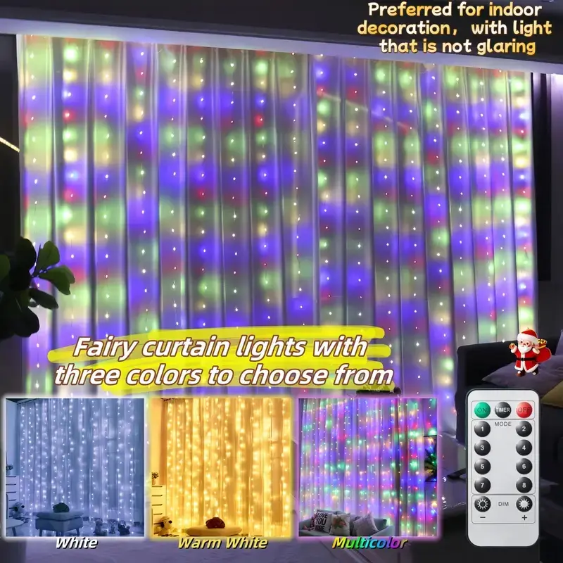 1 Set, Led Lighting, Adjustable Leds, Indoor Curtain Lights with Warm White and Colorful LED String Lights, USB Plug-in Wall-Mounted Decorations with 8 Lighting Modes, Remote Control, Dimmable & Timer Function for Christmas Party Backdrop, Daily Use