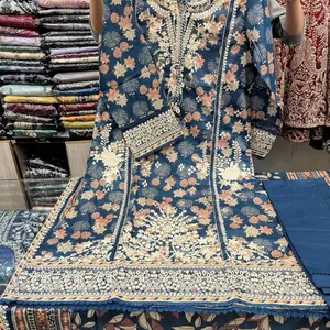 Pakistani Designer Sadabahar Embroidered Lown Dress with Floral Pattern and Blue Base