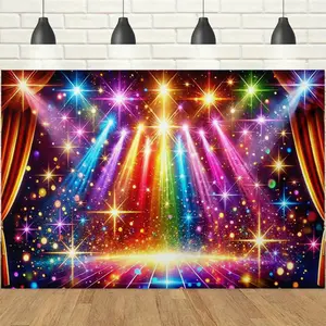 1pc 2D Colorful Stage Light Theme Banner, Rainbow Beams & Starry Curtains, Bright Energetic & Party Vibe, Perfect for Disco Parties, Stage Shows & Carnival Themed Events Decor Backdrop