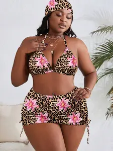 Plus Size Random Print 4 Piece Swimwear Set - Summer Beachwear