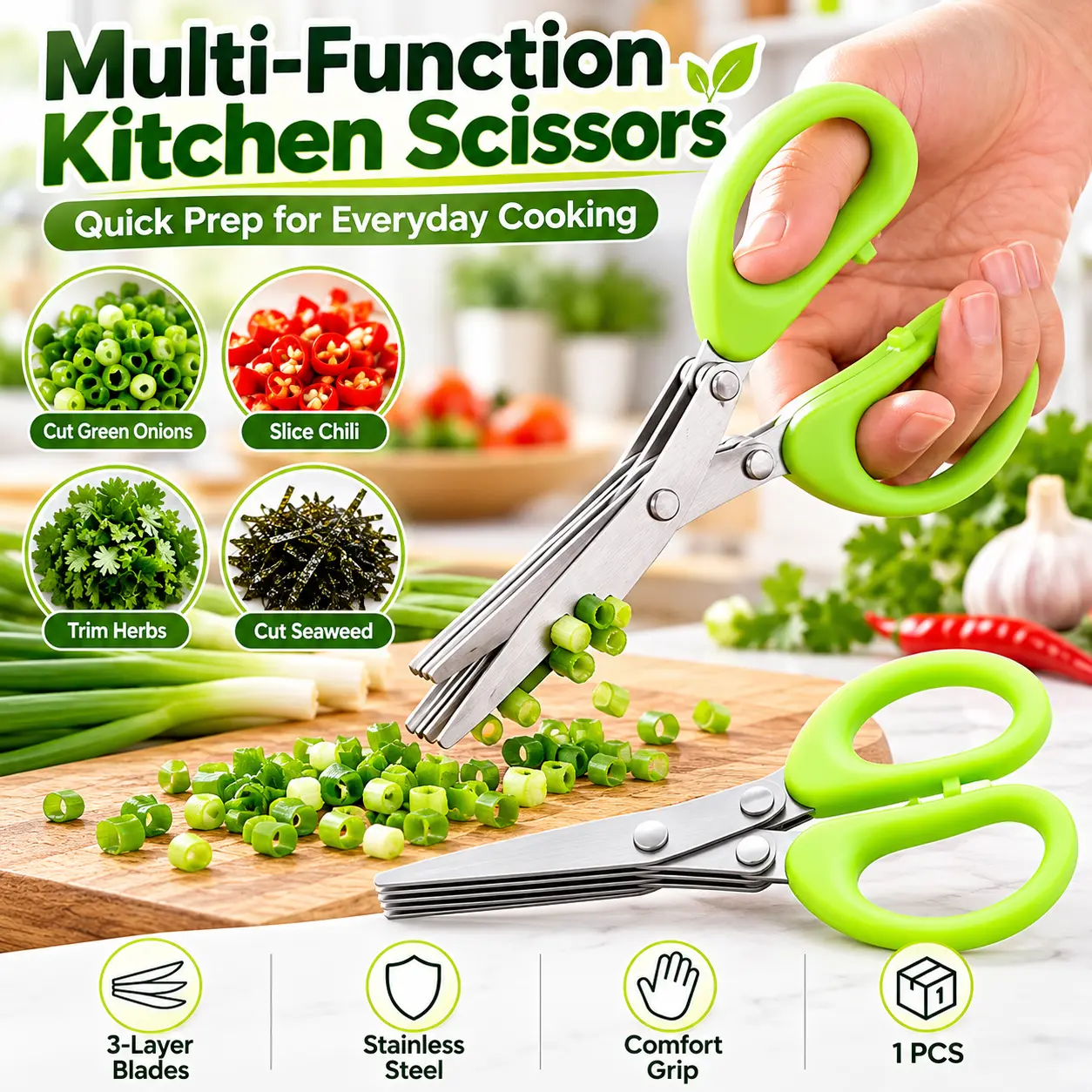 Stainless steel herb scissors, with 5 blades, multi-blade herb cutting scissors, suitable for kitchen salads