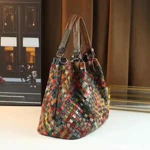 Mindia Retro Women's Handbag- Colorful woven patterned leather Tote bag, adjustable shoulder straps, large capacity crossbody/handle, checked and wavy