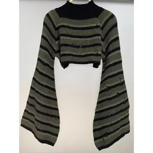 Plus Size Striped Print Ripped Flounce Sleeve Cropped Sweater, Casual Long Sleeve Mock Neck Jumper for Autumn & Winter, Women’s Plus Size Clothing for Everyday Wear