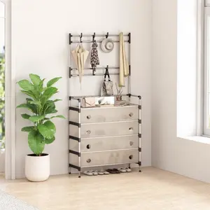 This 5-layer multifunctional clothes rack is suitable for placing in the bedroom, entrance or under the stairs.The top hooks can be used to hang keys and hats, and it can also be matched with a shoe rack and clothes hangers for integrated storage.