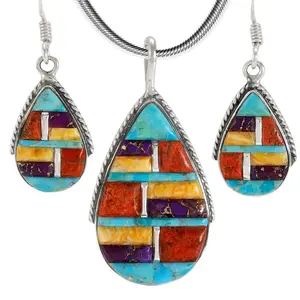 Multi Gemstones Pendant & Earrings Set Sterling Silver PE4054-C51
