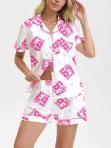 Women's Sleepwear Set, 67 Theme Printed Short Sleeve Shirt & Elastic Shorts, Casual Fashion Daily Wear, Holiday Party, Loungewear