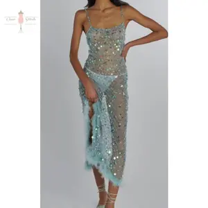 Women Sheer Dress, Spaghetti Straps Backless Sequins See-through Slit Dress Summer Long Dress Sleeveless Blue