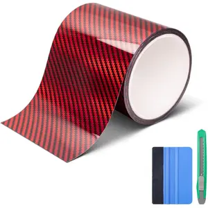 2D Carbon Fiber Vinyl Wrap, 4 Inch x 20ft Universal DIY Chrome Delete Tape Blackout Wrap Roll  Window Trim Door Edge Guard Protection Tape Accessories with Free Tool Kit (Red)