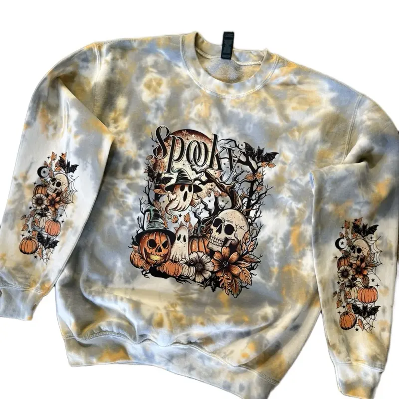 *Made to Order* Orange and Black Spooky Halloween Tiedye Cotton Tops with Arm Designs Sweatshirts Crewneck Casual Women's